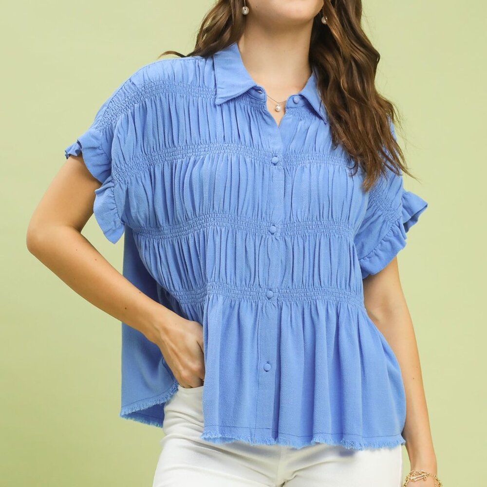 Umgee Washed Linen‎ Blend Smocked Shirt